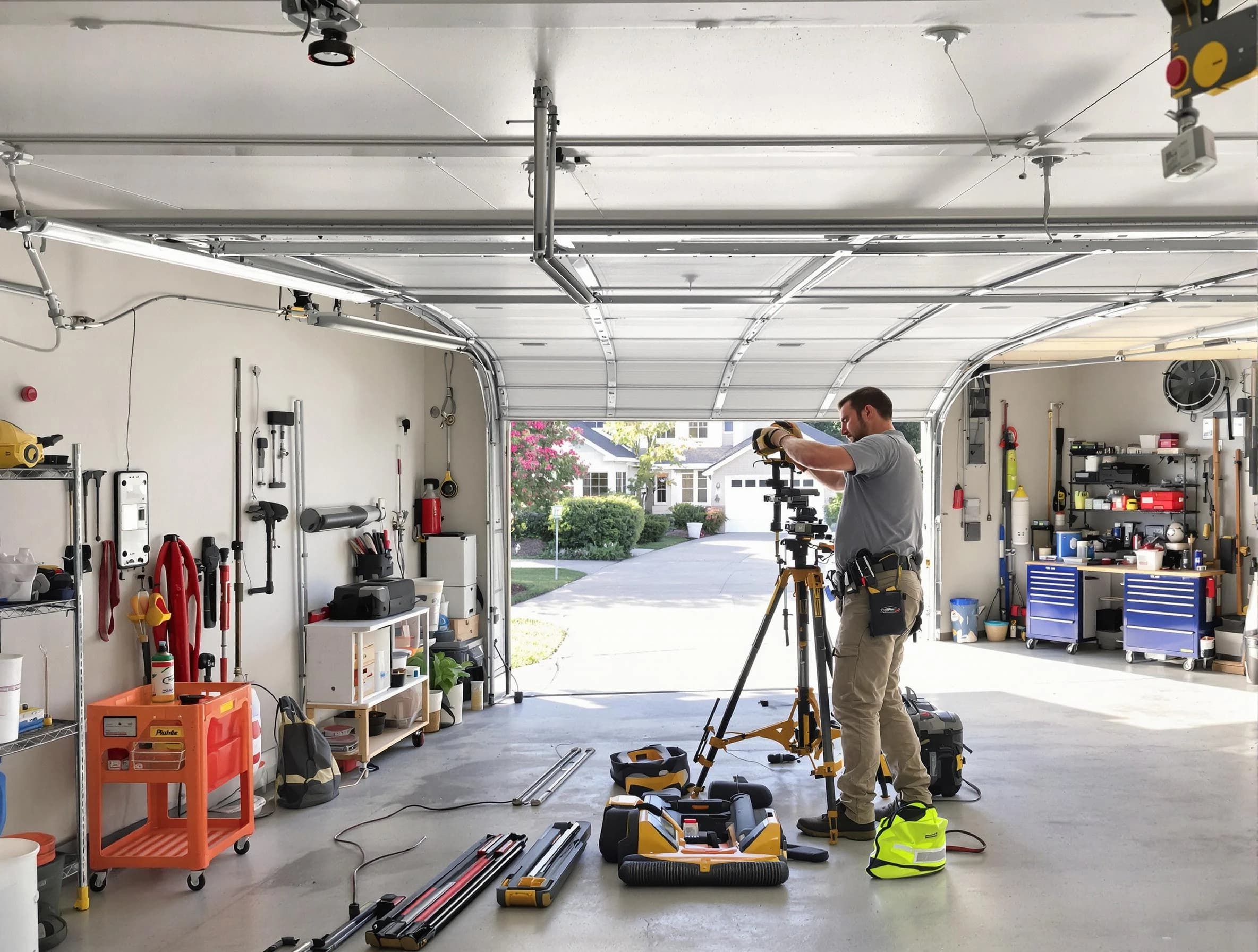 Mustang Garage Door Repair specialist performing laser-guided track alignment in Mustang