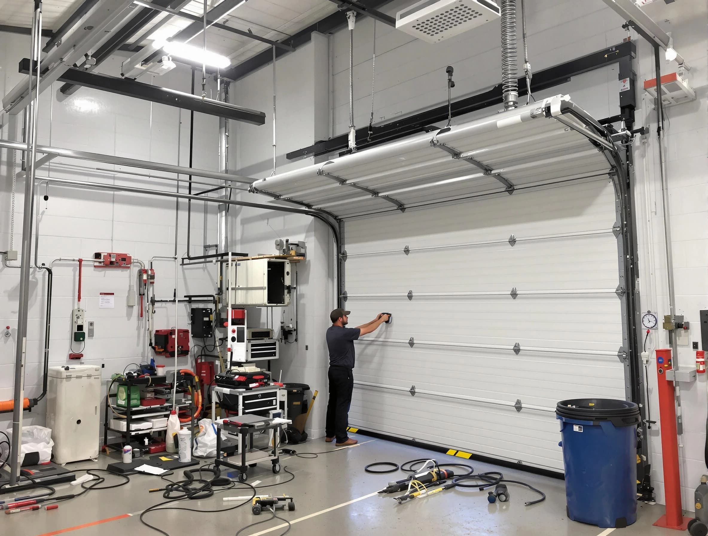 Mustang Garage Door Repair certified technician performing commercial door repair at a Mustang business facility