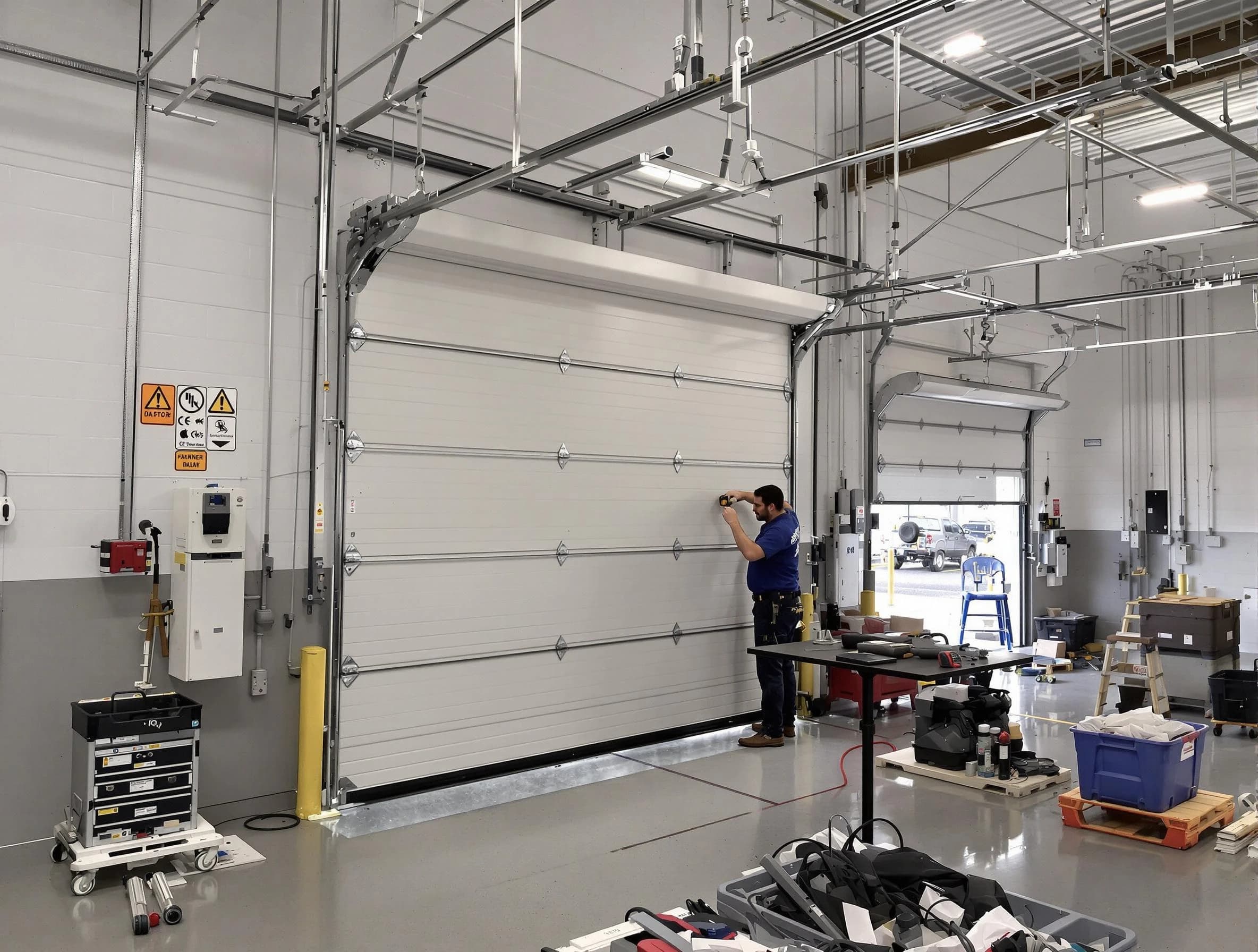 Commercial garage door repair being performed by Mustang Garage Door Repair expert in Mustang