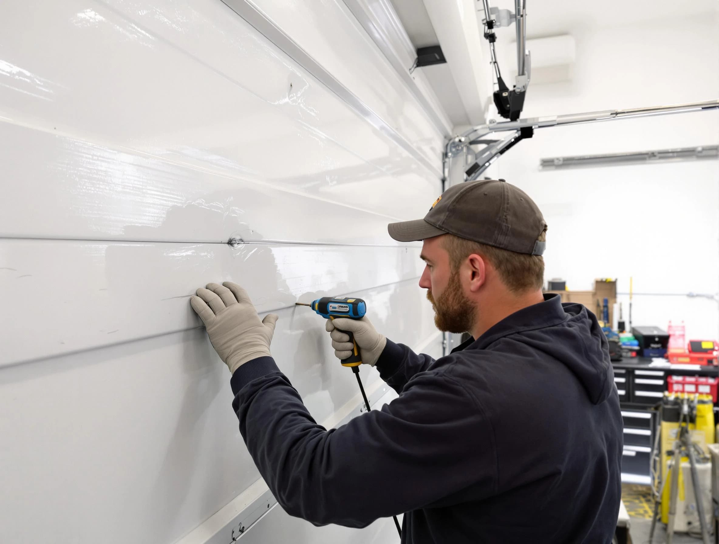 Mustang Garage Door Repair technician demonstrating precision dent removal techniques on a Mustang garage door