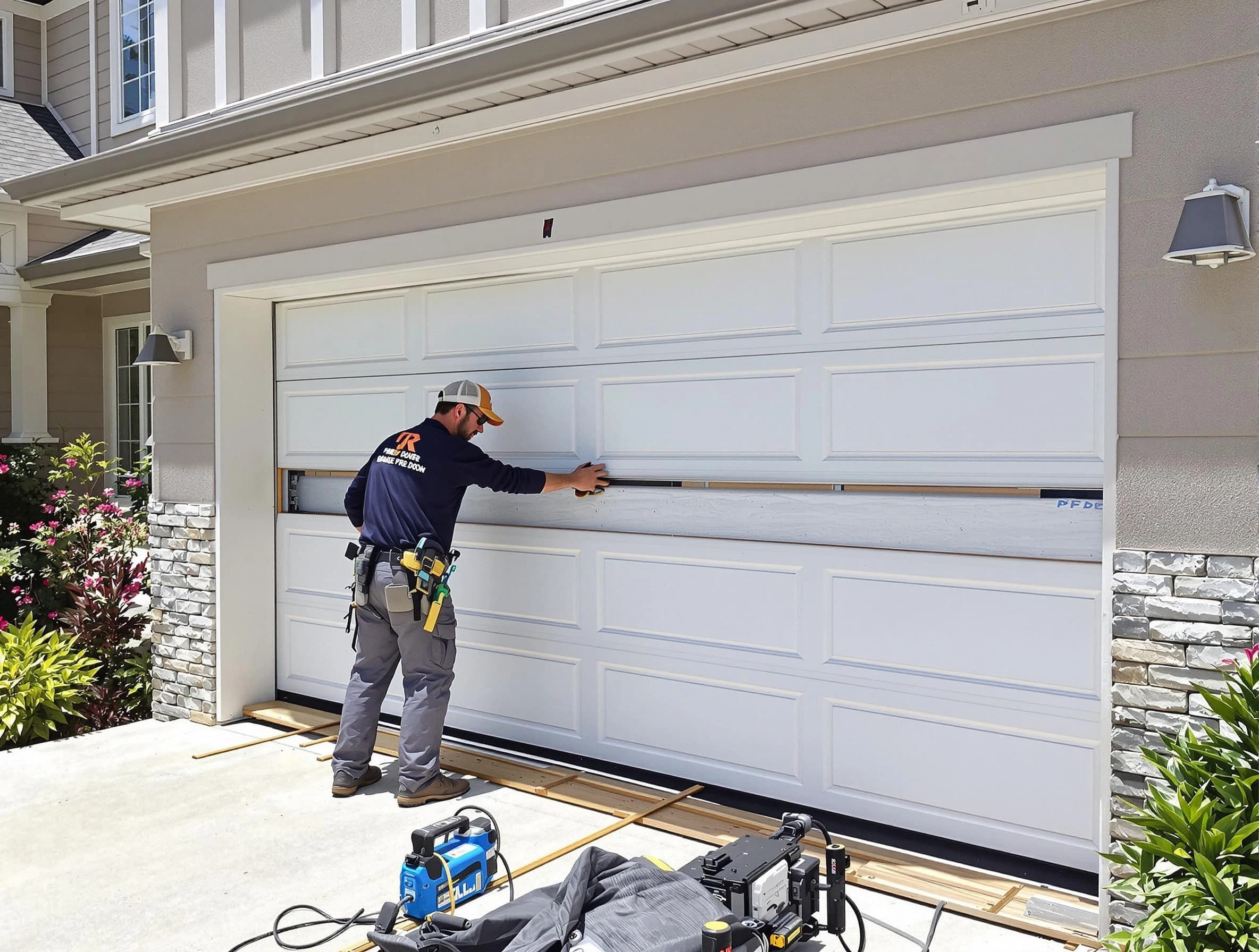 Mustang Garage Door Repair team performing complete garage door replacement at Mustang residence