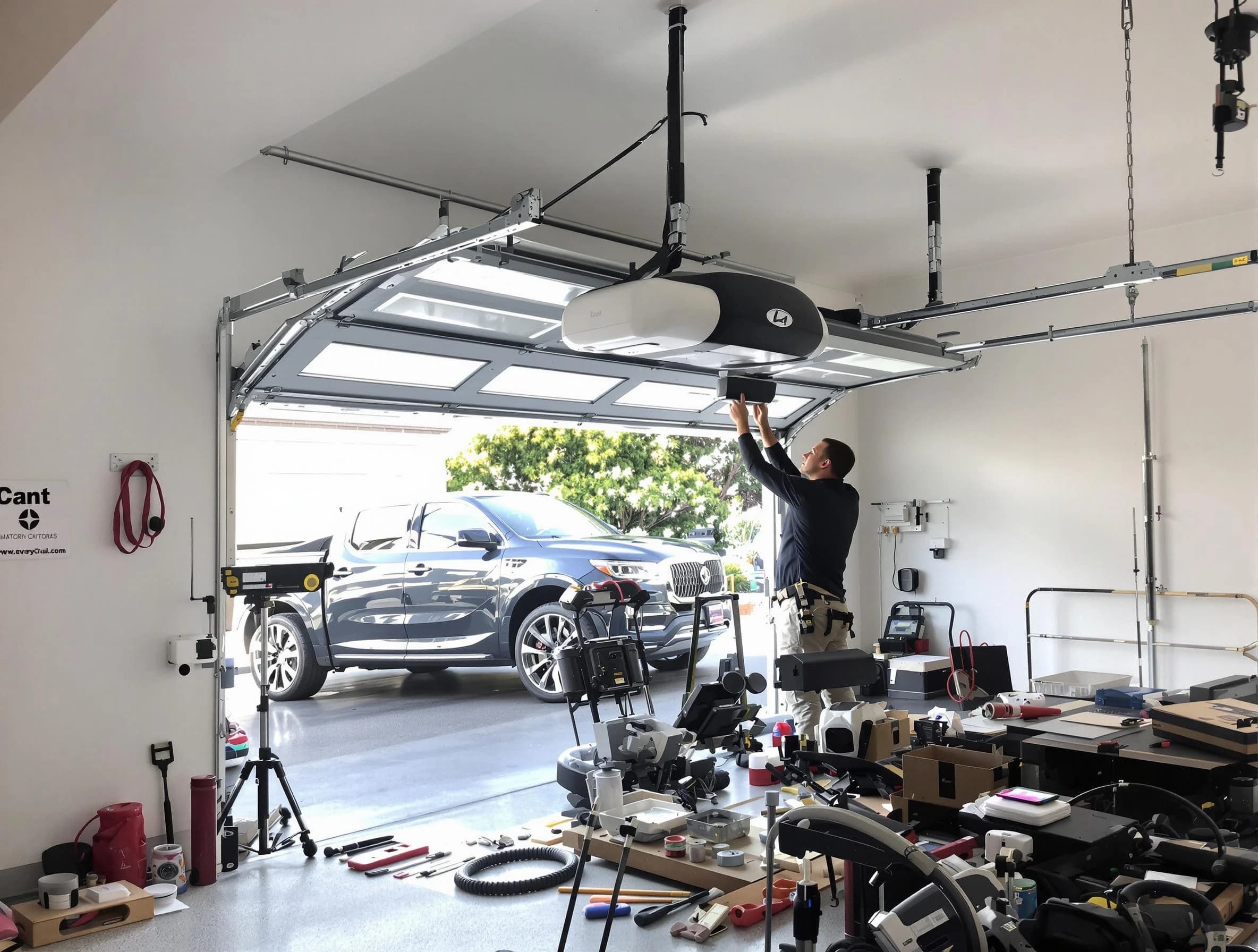 Mustang Garage Door Repair specialist installing smart garage door opener system in Mustang home