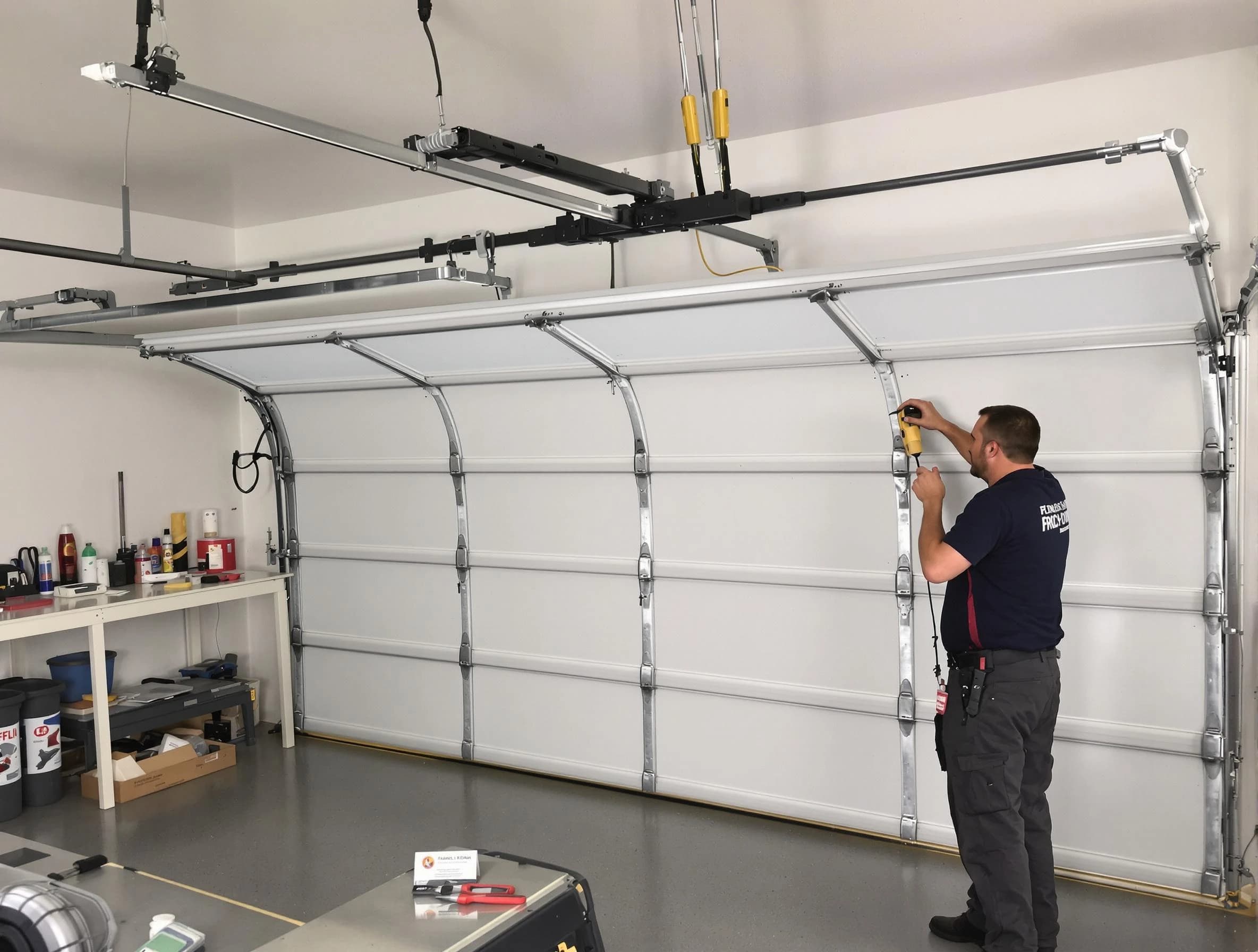 Mustang Garage Door Repair certified technician performing overhead door system repair in Mustang