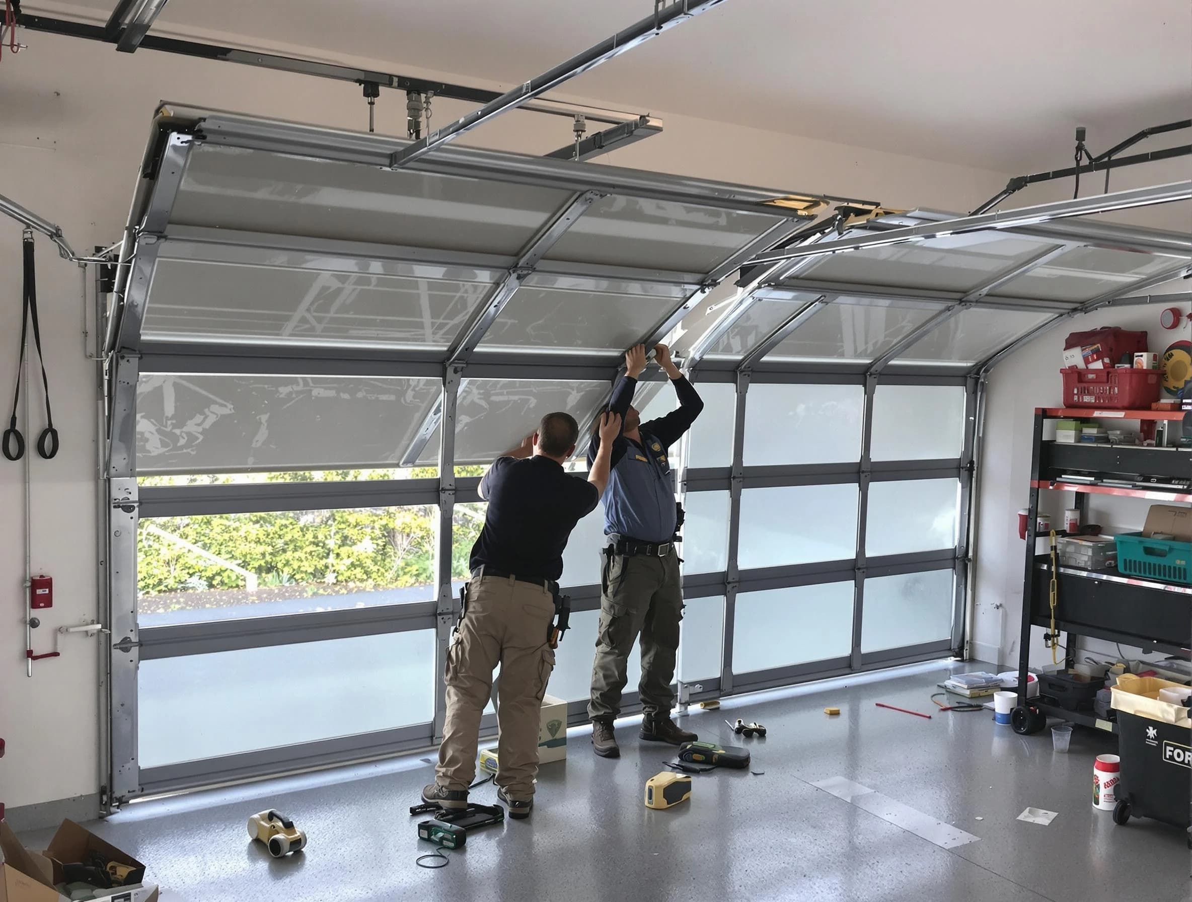 Mustang Garage Door Repair expert performing precise panel replacement on Mustang garage door