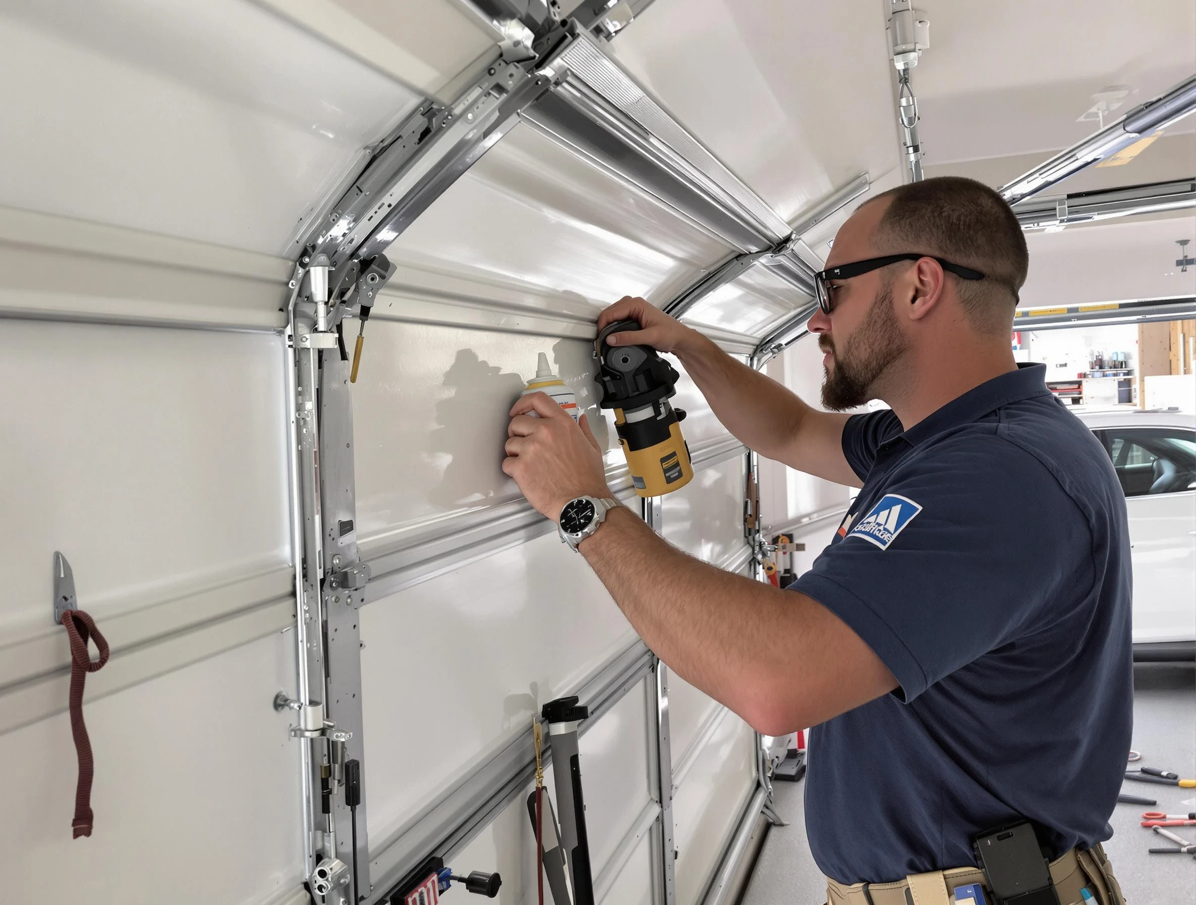Mustang Garage Door Repair technician performing comprehensive noise reduction service in Mustang